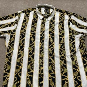 Stylish Black and White Striped Men's Shirt with Gold Chain Design